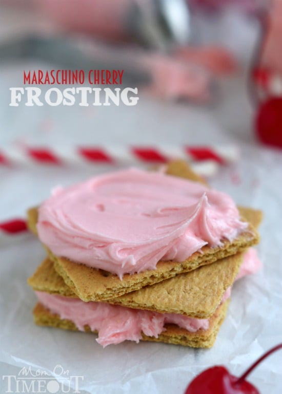 Don't let the juice from your maraschino cherry jar go to waste! Make this deliciously gorgeous Maraschino Cherry Frosting instead! Perfect on cupcakes, cookies, cake and more! | MomOnTimeout.com | #recipe #frosting #cherry