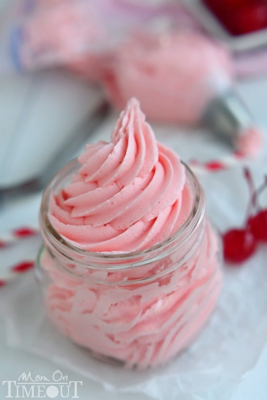 Don't let the juice from your maraschino cherry jar go to waste! Make this deliciously gorgeous Maraschino Cherry Frosting instead! Perfect on cupcakes, cookies, cake and more! | MomOnTimeout.com | #recipe #frosting #cherry
