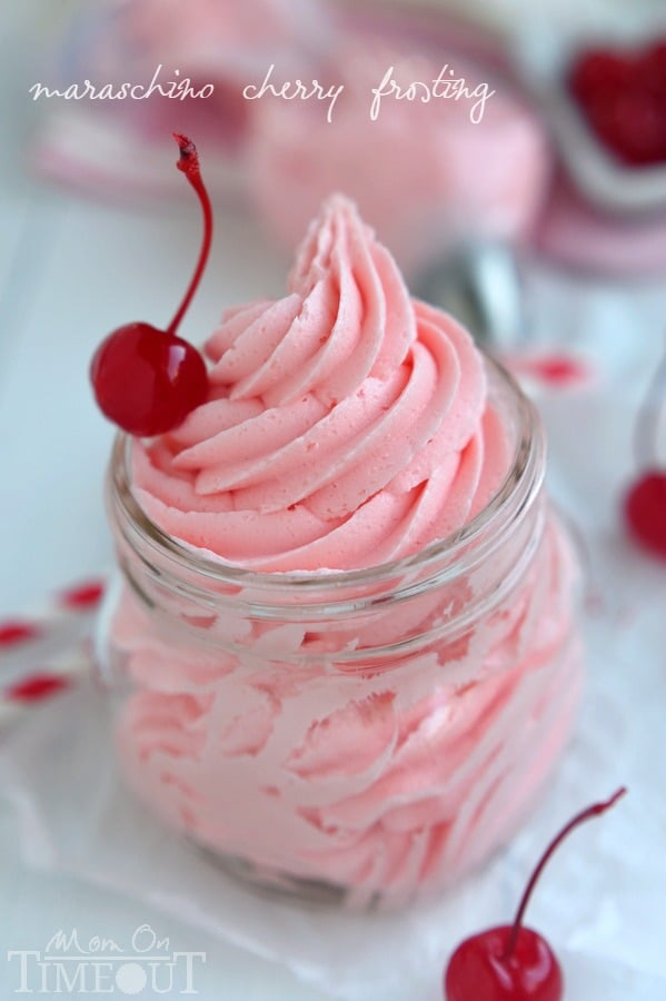 Don't let the juice from your maraschino cherry jar go to waste! Make this deliciously gorgeous Maraschino Cherry Frosting instead! Perfect on cupcakes, cookies, cake and more! | MomOnTimeout.com | #recipe #frosting #cherry