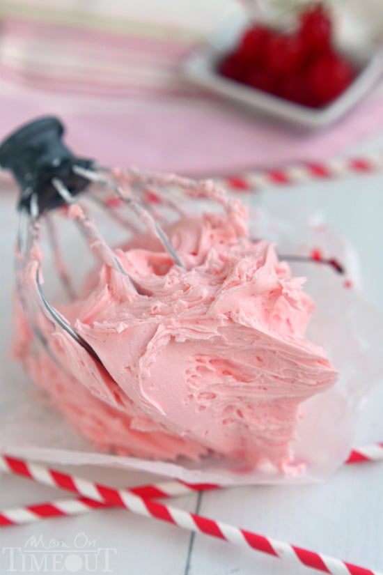 Don't let the juice from your maraschino cherry jar go to waste! Make this deliciously gorgeous Maraschino Cherry Frosting instead! Perfect on cupcakes, cookies, cake and more! | MomOnTimeout.com | #recipe #frosting #cherry