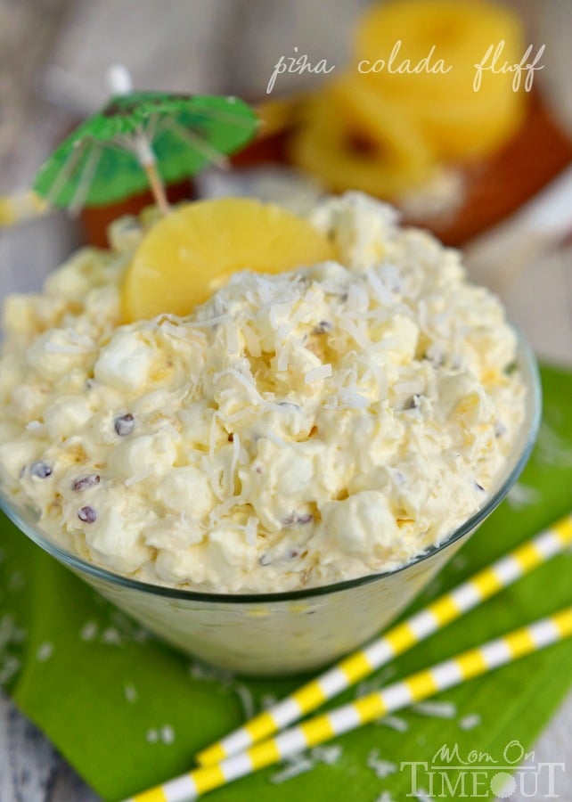 Pina Colada Fluff - a one-bowl, dump-and-go dessert salad that's both incredibly easy and delicious! Wonderful flavors of pineapple and coconut combine in this dangerously easy to eat dessert. The perfect addition to your potluck or party! // Mom On Timeout