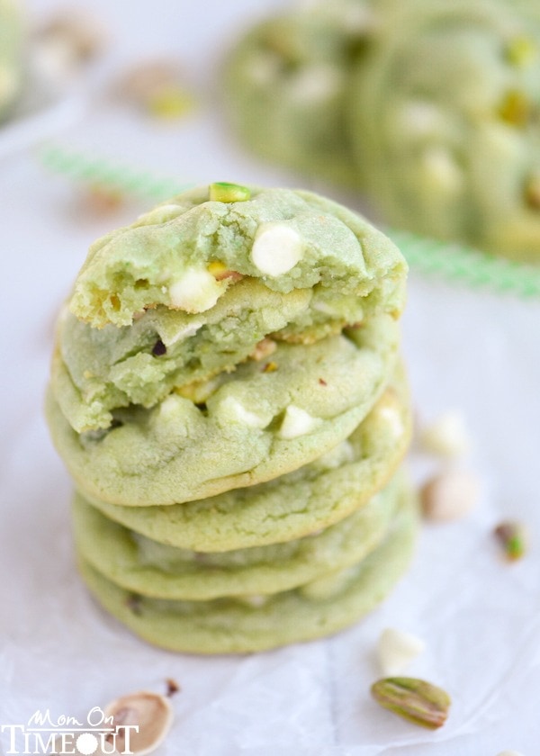 The prettiest green cookies EVER! Super soft and chewy, these Pistachio and White Chocolate Pudding Cookies are perfect for Easter and St. Patrick's Day! No one can eat just one! | MomOnTiimeout.com