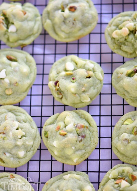 Pistachio and White Chocolate Pudding Cookies The prettiest green cookies EVER! Super soft and chewy, these Pistachio and White Chocolate Pudding Cookies are perfect for Easter and St. Patrick's Day! No one can eat just one! | MomOnTiimeout.com
