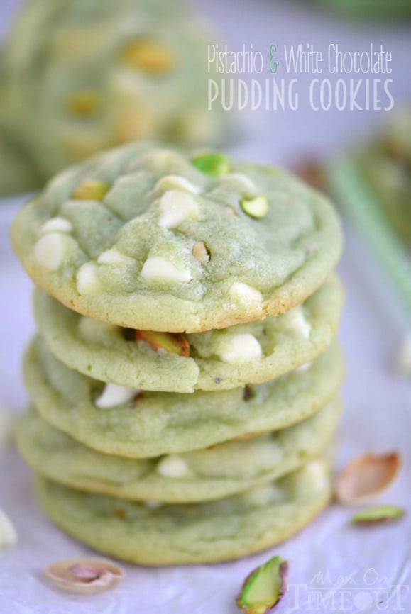 The prettiest green cookies EVER! Super soft and chewy, these Pistachio and White Chocolate Pudding Cookies are perfect for Easter and St. Patrick's Day! No one can eat just one! | MomOnTiimeout.com