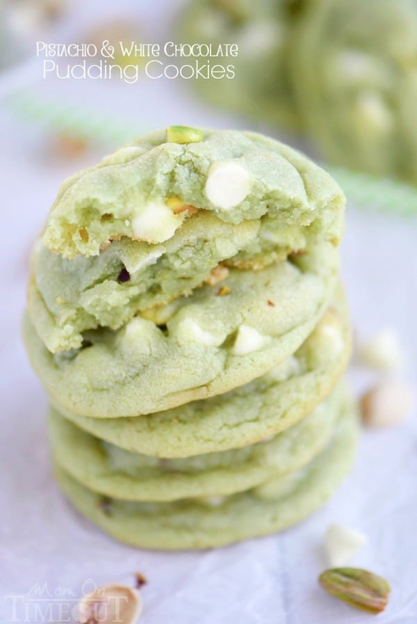Pistachio and White Chocolate Pudding Cookies The prettiest green cookies EVER! Super soft and chewy, these Pistachio and White Chocolate Pudding Cookies are perfect for Easter and St. Patrick's Day! No one can eat just one! | MomOnTiimeout.com