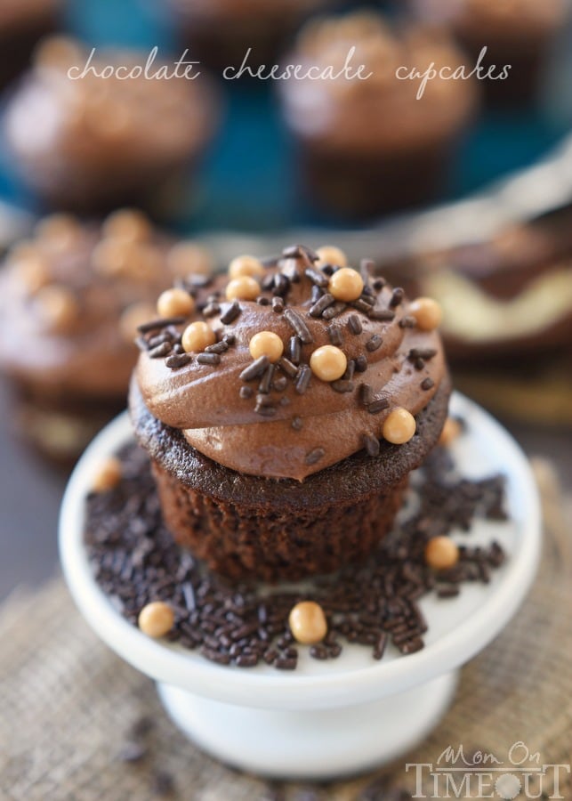 These Chocolate Cheesecake Cupcakes recipe with Whipped Ganache Frosting are sure to cure that chocolate craving! These cupcakes are the real deal - and that frosting - pure heaven! | MomOnTimeout.com | #PinThatTwist