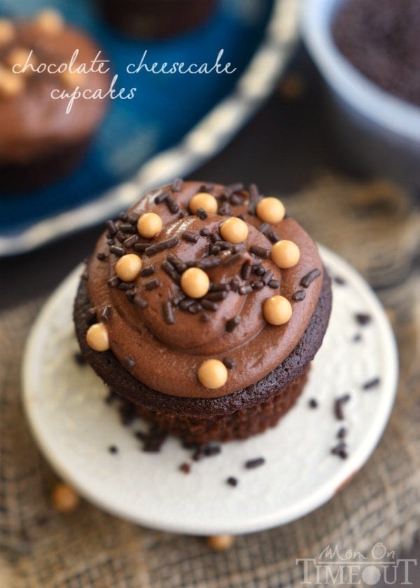 These Chocolate Cheesecake Cupcakes recipe with Whipped Ganache Frosting are sure to cure that chocolate craving! These cupcakes are the real deal - and that frosting - pure heaven! | MomOnTimeout.com | #PinThatTwist