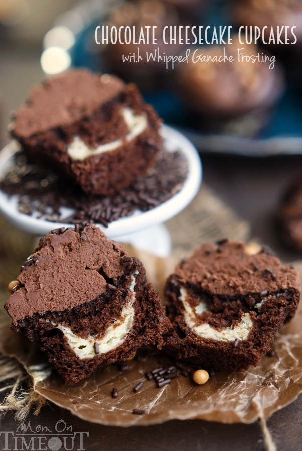 These Chocolate Cheesecake Cupcakes recipe with Whipped Ganache Frosting are sure to cure that chocolate craving! These cupcakes are the real deal - and that frosting - pure heaven! | MomOnTimeout.com | #PinThatTwist