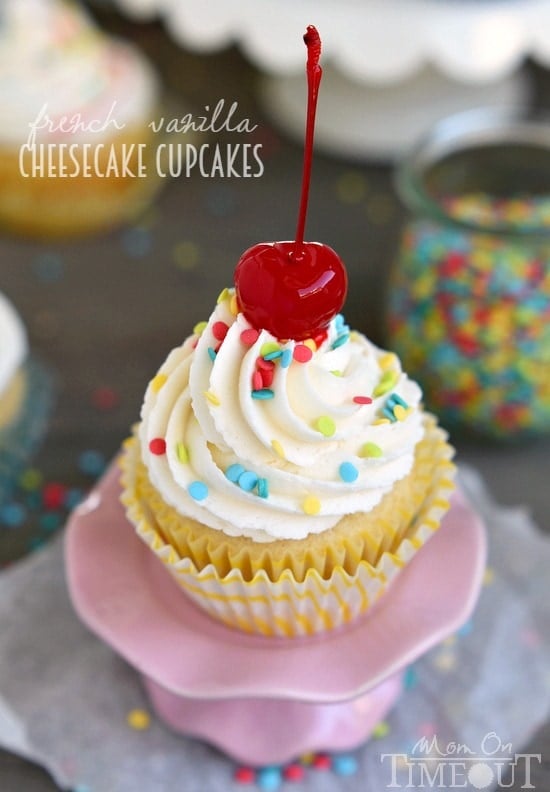 How about French Vanilla Cheesecake Cupcakes for the dessert win? It's like two desserts in one! Cheesecake filling is nestled inside a delicious vanilla cupcake and topped with the most delicious vanilla frosting ever - don't forget the sprinkles!