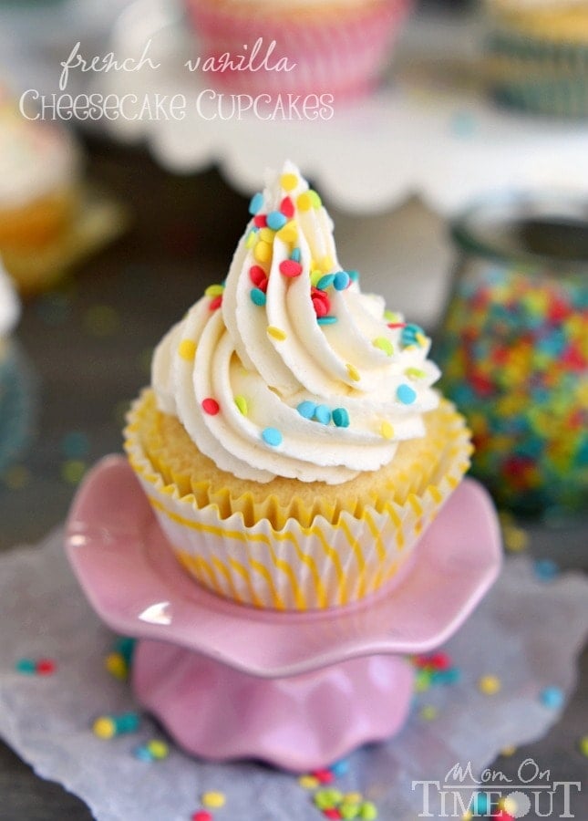 How about French Vanilla Cheesecake Cupcakes for the dessert win? It's like two desserts in one! Cheesecake filling is nestled inside a delicious vanilla cupcake and topped with the most delicious vanilla frosting ever - don't forget the sprinkles!