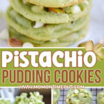 three image collage of pistachio pudding cookies. Cookies are showing stacked, on a cooling rack and also the dough is shown on the beater. Center color block with text overlay.