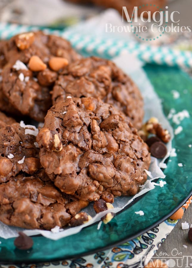 These Magic Brownie Cookies are packed full of flavor - coconut, butterscotch, walnuts, and of course, CHOCOLATE! This easy to make dessert will be a hit at your next party - no one can eat just one! | MomOnTimeout.com