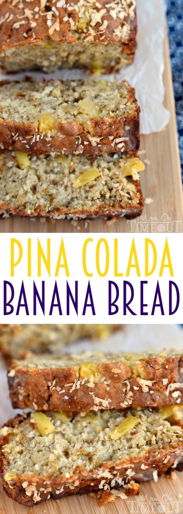 This easy Pina Colada Banana Bread recipe is our new favorite! Super moist and delicious banana bread topped with a pineapple-rum glaze and toasted coconut! | MomOnTimeout.com