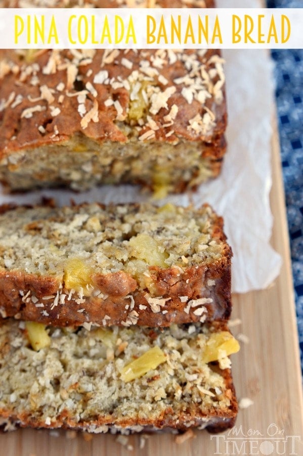 This easy Pina Colada Banana Bread recipe is our new favorite! Super moist and delicious banana bread topped with a pineapple-rum glaze and toasted coconut! | MomOnTimeout.com