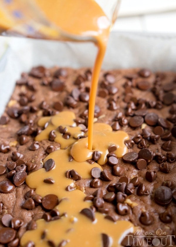  These German Chocolate Caramel Brownies start with a cake mix but are some of the fudgiest brownies EVER! A sweet layer of caramel is the ultimate surprise inside these delicious and easy brownies! | MomOnTimeout.com