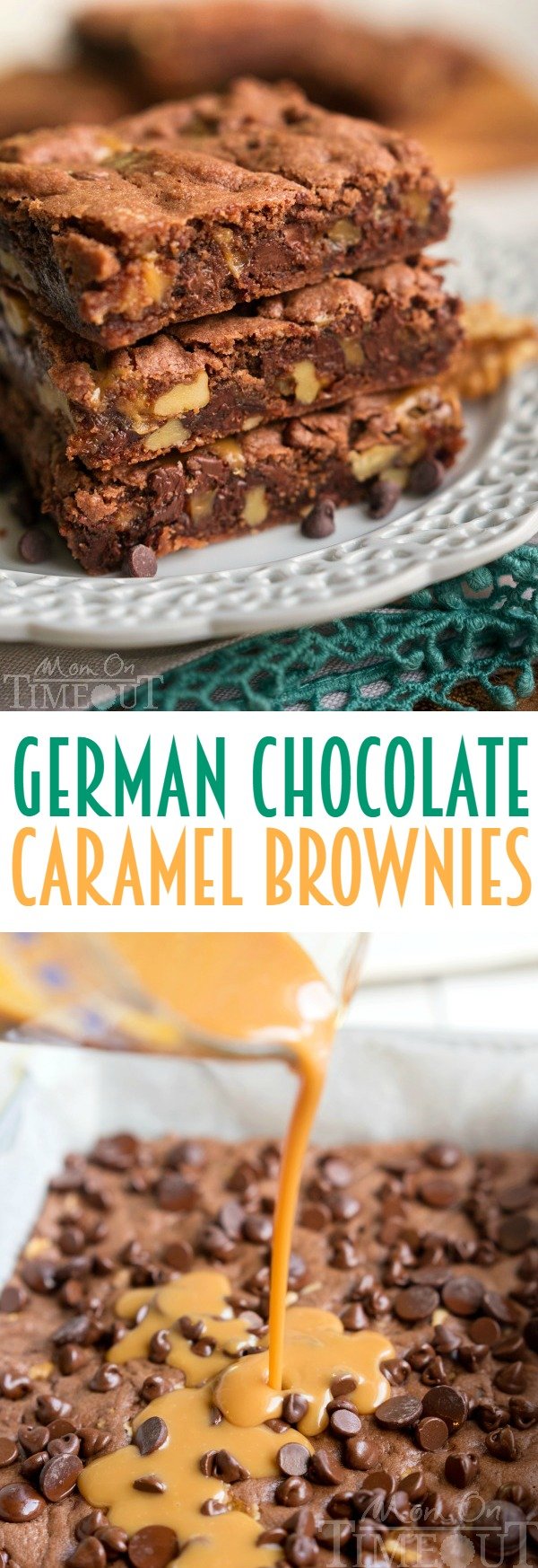  These German Chocolate Caramel Brownies start with a cake mix but are some of the fudgiest brownies EVER! A sweet layer of caramel is the ultimate surprise inside these delicious and easy brownies! | MomOnTimeout.com