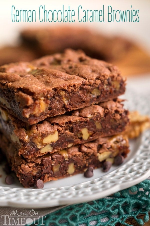  These German Chocolate Caramel Brownies start with a cake mix but are some of the fudgiest brownies EVER! A sweet layer of caramel is the ultimate surprise inside these delicious and easy brownies! | MomOnTimeout.com