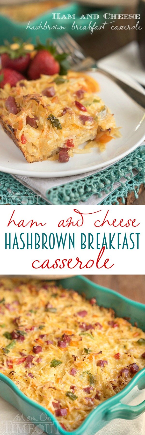 This Ham and Cheese Hash Brown Breakfast Casserole is the perfect way to use up leftover ham! Extra cheesy and delicious, this casserole takes just minutes to throw together and feeds a crowd! | MomOnTimeout.com