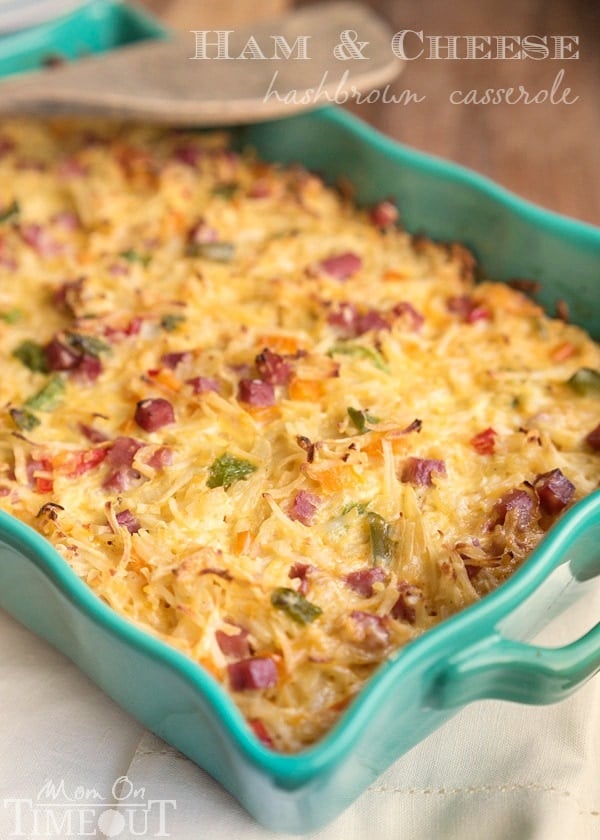 This Ham and Cheese Hash Brown Breakfast Casserole is the perfect way to use up leftover ham! Extra cheesy and delicious, this casserole takes just minutes to throw together and feeds a crowd! | MomOnTimeout.com