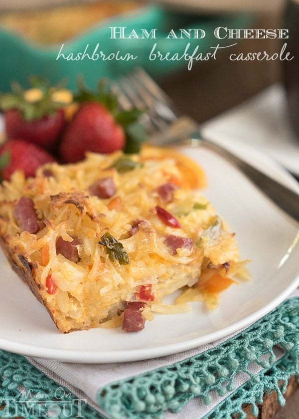 This Ham and Cheese Hash Brown Breakfast Casserole is the perfect way to use up leftover ham! Extra cheesy and delicious, this casserole takes just minutes to throw together and feeds a crowd! | MomOnTimeout.com