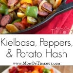 two image collage showing a kielbasa hash in a skillet and the bottom image showing all the ingredients prepped and ready to be used. center color block with text overlay.