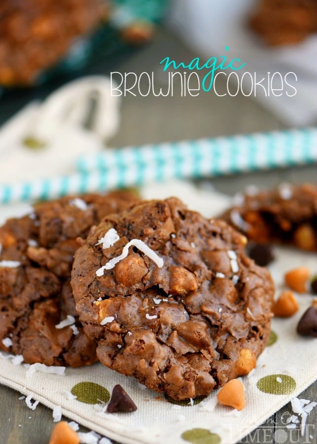 These Magic Brownie Cookies are packed full of flavor - coconut, butterscotch, walnuts, and of course, CHOCOLATE! This easy to make dessert will be a hit at your next party - no one can eat just one! | MomOnTimeout.com