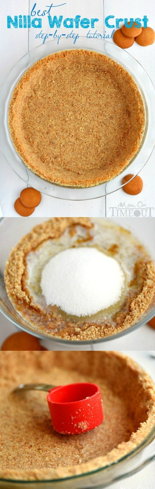 A step by step tutorial to your new favorite pie crust recipe! This is the BEST Nilla Wafer Pie Crust ever and so easy too! | MomOnTmeout.com