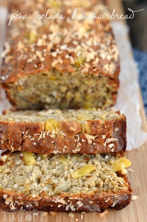 This easy Pina Colada Banana Bread recipe is our new favorite! Super moist and delicious banana bread topped with a pineapple-rum glaze and toasted coconut! | MomOnTimeout.com