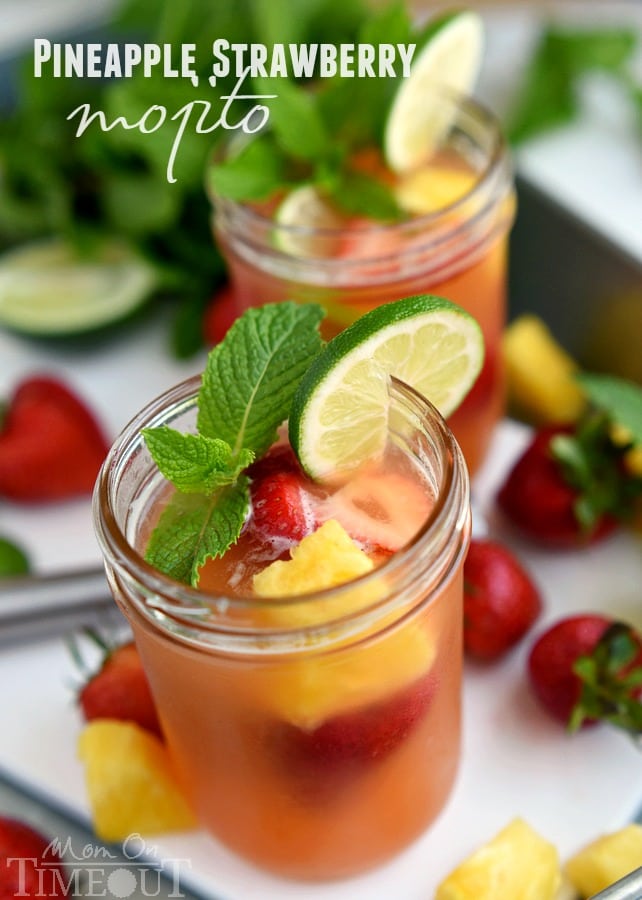 Pineapple Strawberry Mojito -Perfectly cool, sweet, and SO refreshing, this fruit-infused cocktail has it all! So easy to make and pretty darn easy on the eyes! (Can be made virgin!) | MomOnTimeout.com