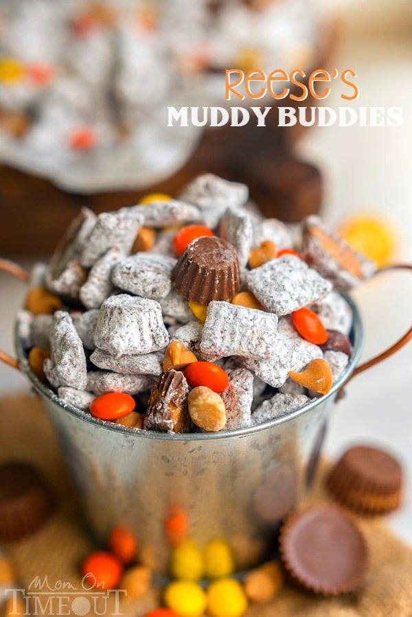 Reese's Muddy Buddies are taken to the next level in this amazingly delicious and easy dessert recipe! Reese's all the things! Reese's Pieces, Reese's Peanut Butter Chips, Reese's Minis, and Reese's Miniatures are all perfectly happy sharing space in this powdered sugar coated wonder land known as Muddy Buddies. | MomOnTimeout.com