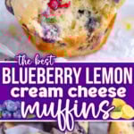 Three image collage of blueberry lemon cream cheese muffins whole, split in half and one with a bite taken. Center color block with text overlay.
