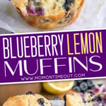 2 image collage of blueberry lemon muffins with bite out of muffin on top image and muffin torn apart on bottom with centered text overlay