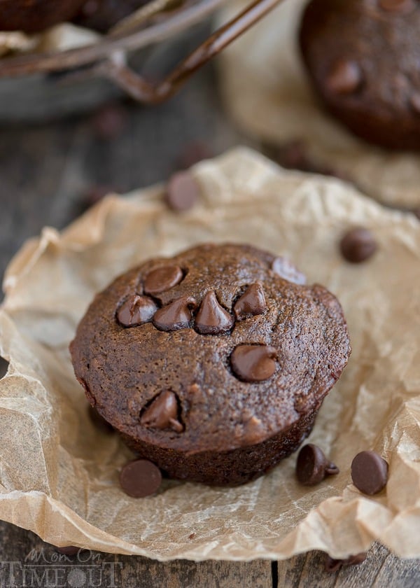 Double Chocolate Banana Applesauce Muffins are perfect for those days when you wake up with a chocolate craving. Easy, delicious and made without oil, butter, or eggs. | MomOnTimeout.com 