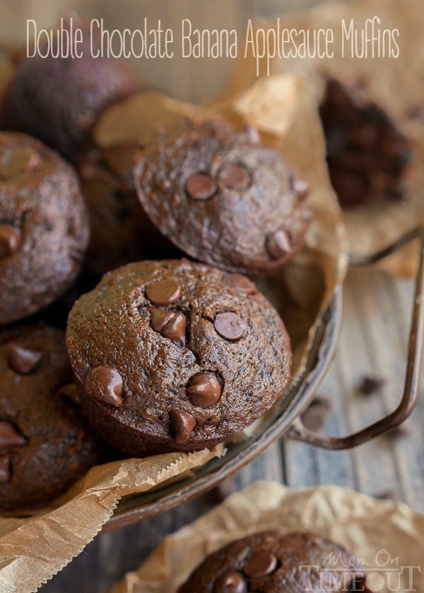 Double Chocolate Banana Applesauce Muffins are perfect for those days when you wake up with a chocolate craving. Easy, delicious and made without oil, butter, or eggs. The perfect breakfast or brunch recipe!| MomOnTimeout.com | #vegetarian #vegan