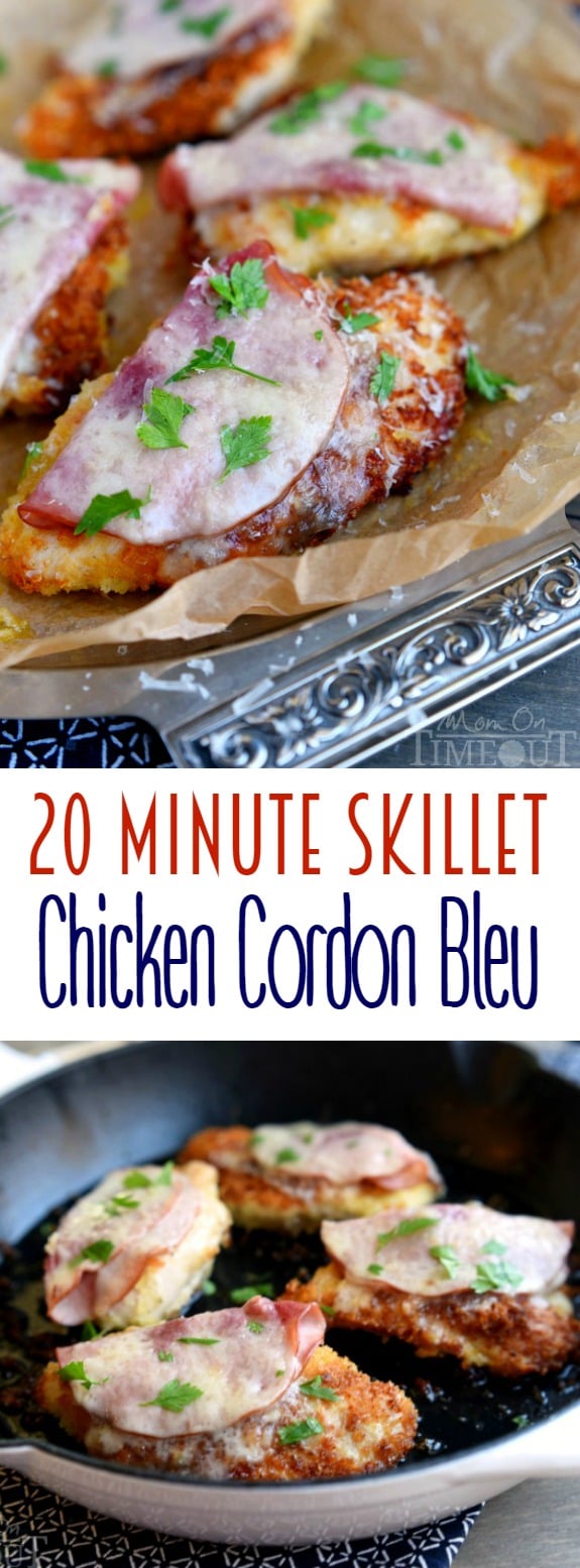 This 20 Minute Skillet Chicken Cordon Bleu recipe is the perfect quick and easy dinner! Crunchy panko breading, ham, Swiss cheese and wine - no one will know you didn't slave for hours! | MomOnTimeout.com