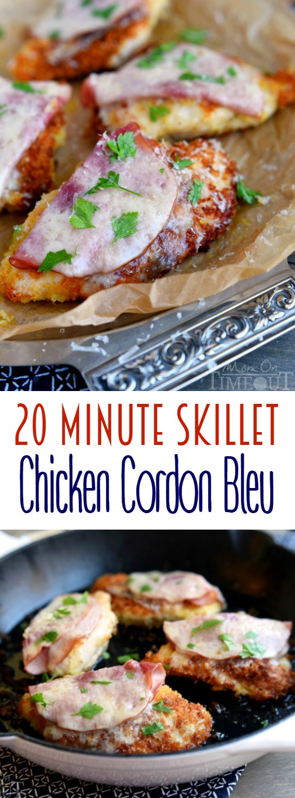 This 20 Minute Skillet Chicken Cordon Bleu recipe is the perfect quick and easy dinner! Crunchy panko breading, ham, Swiss cheese and wine - no one will know you didn't slave for hours! | MomOnTimeout.com