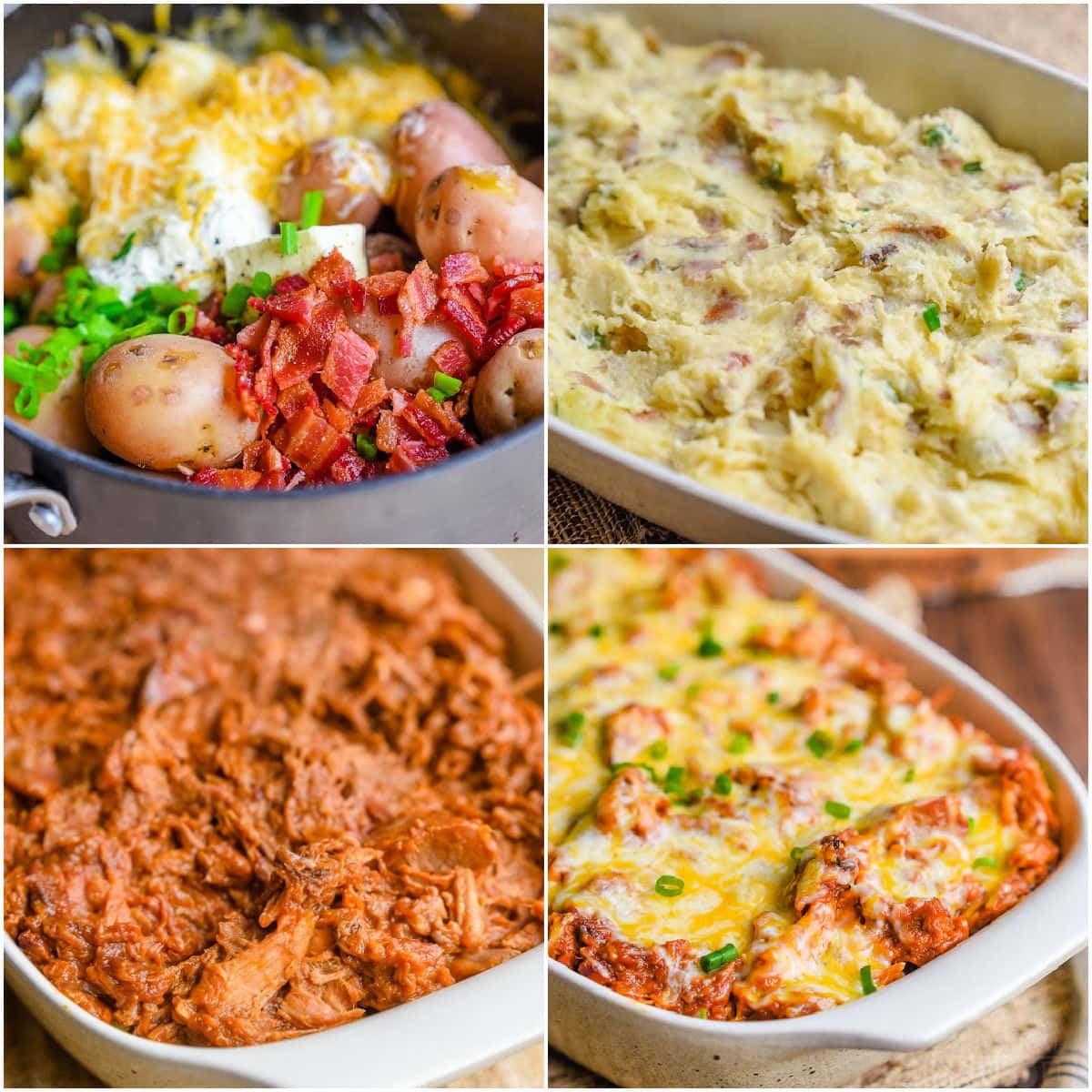 four image collage showing how to make pulled pork mashed potato casserole step by step.