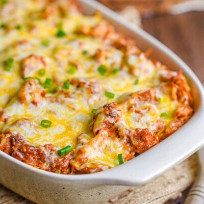 loaded bbq pulled pork potato casserole in a large baking dish.