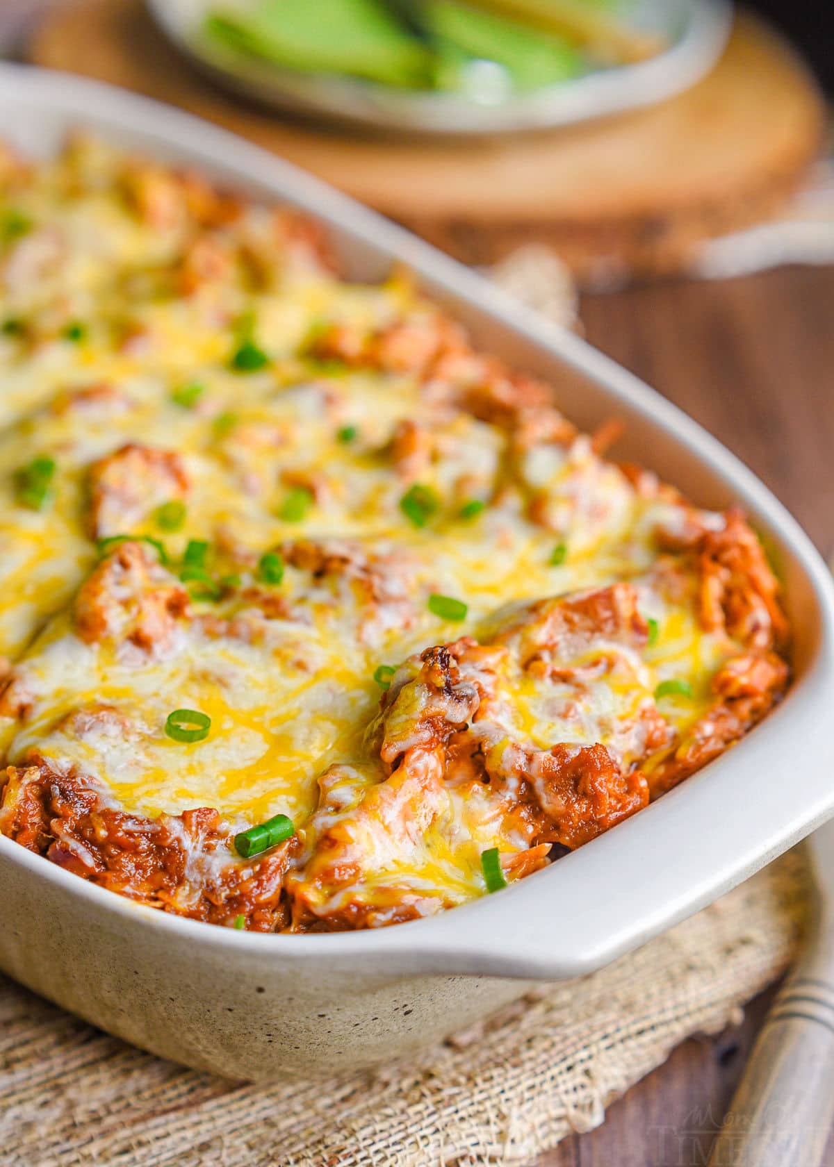 loaded bbq pulled pork potato casserole in a large baking dish.