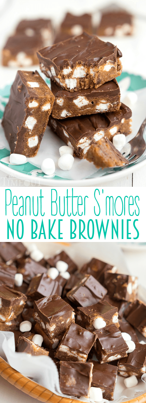 Decadent Peanut Butter S'mores No Bake Brownies can be whipped up in a jiffy and are just perfect for the hot summer months! This easy dessert recipe will having you coming back again and again. Cut them into small bites to feed a crowd! | MomOnTimeout.com