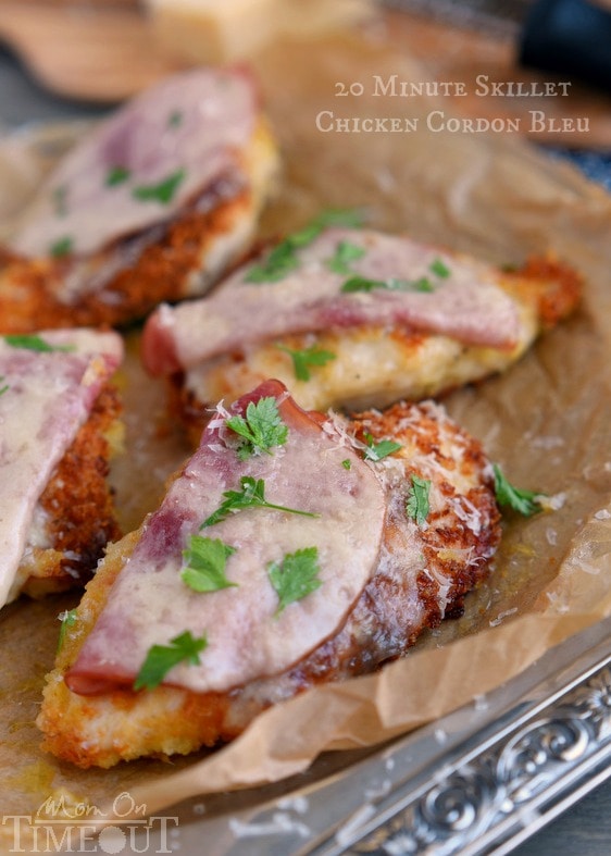 This 20 Minute Skillet Chicken Cordon Bleu recipe is the perfect quick and easy dinner! Crunchy panko breading, ham, Swiss cheese and wine - no one will know you didn't slave for hours! | MomOnTimeout.com