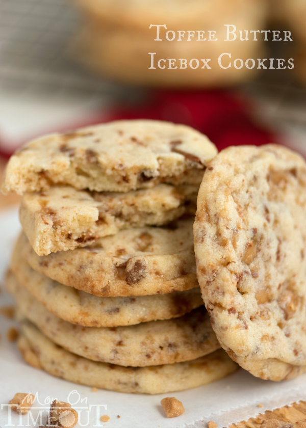 You're just six ingredients away from these glorious melt in your mouth Toffee Butter Icebox Cookies! Deliciously buttery and perfectly rich, this easy cookie recipe is the perfect dessert for any day! | MomOnTimeout.com | #cookie