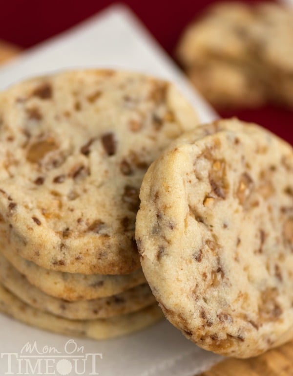 You're just six ingredients away from these glorious Toffee Butter Icebox Cookies! Deliciously buttery and perfectly rich, this easy cookie recipe is the perfect dessert for any day! | MomOnTimeout.com | #cookie