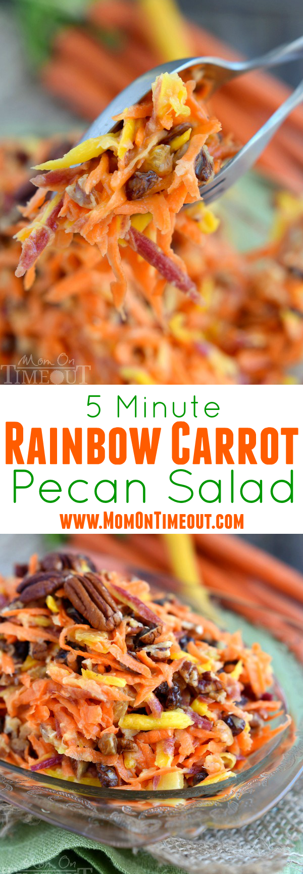 This easy 5 Minute Rainbow Carrot Pecan Salad is a breeze to prepare and is the perfect addition to any meal! Perfectly sweet and refreshing, this easy salad recipe is one you'll enjoy all summer long! | MomOnTimeout.com