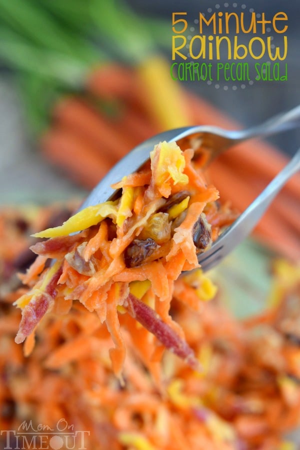 This easy 5 Minute Rainbow Carrot Pecan Salad is a breeze to prepare and is the perfect addition to any meal! Perfectly sweet and refreshing, this easy salad recipe is one you'll enjoy all summer long! | MomOnTimeout.com