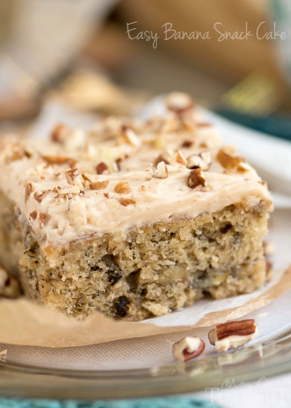 banana cake recipe with brown butter maple cream cheese frosting and sprinkling of nuts