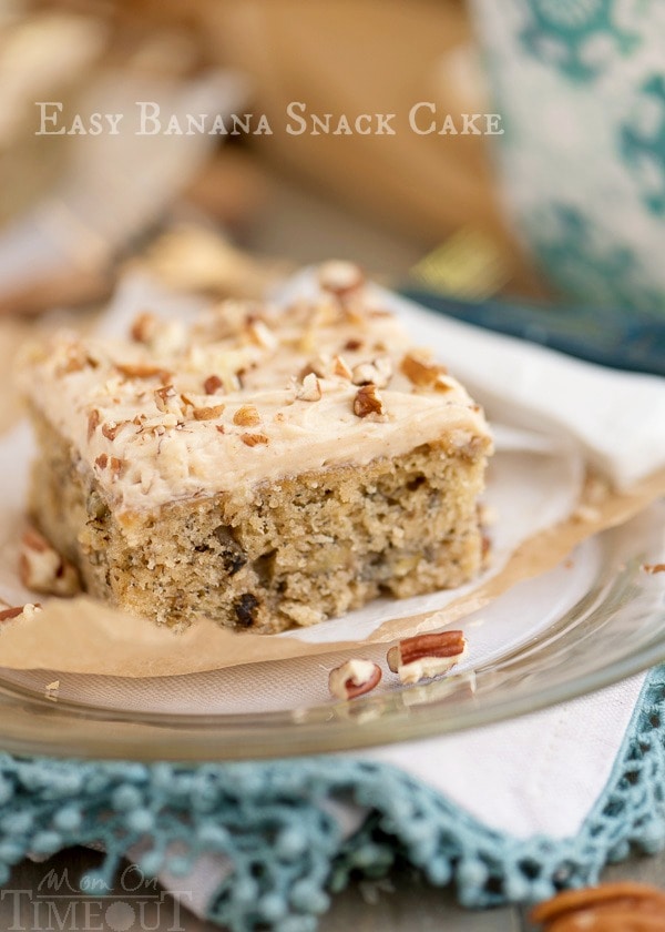 banana cake recipe topped with cream cheese frosting and nuts