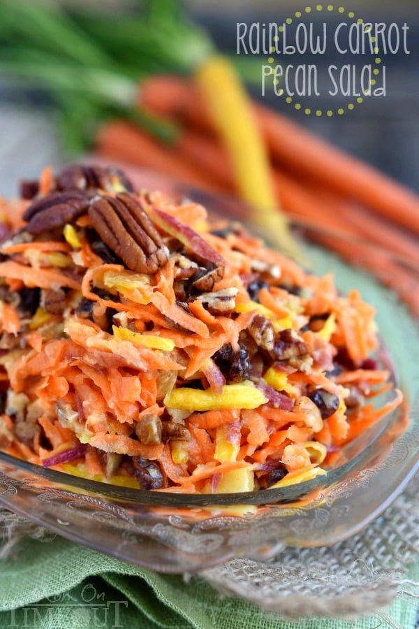 This easy 5 Minute Rainbow Carrot Pecan Salad is a breeze to prepare and is the perfect addition to any meal! Perfectly sweet and refreshing, this easy salad recipe is one we enjoy all summer long! | MomOnTimeout.com