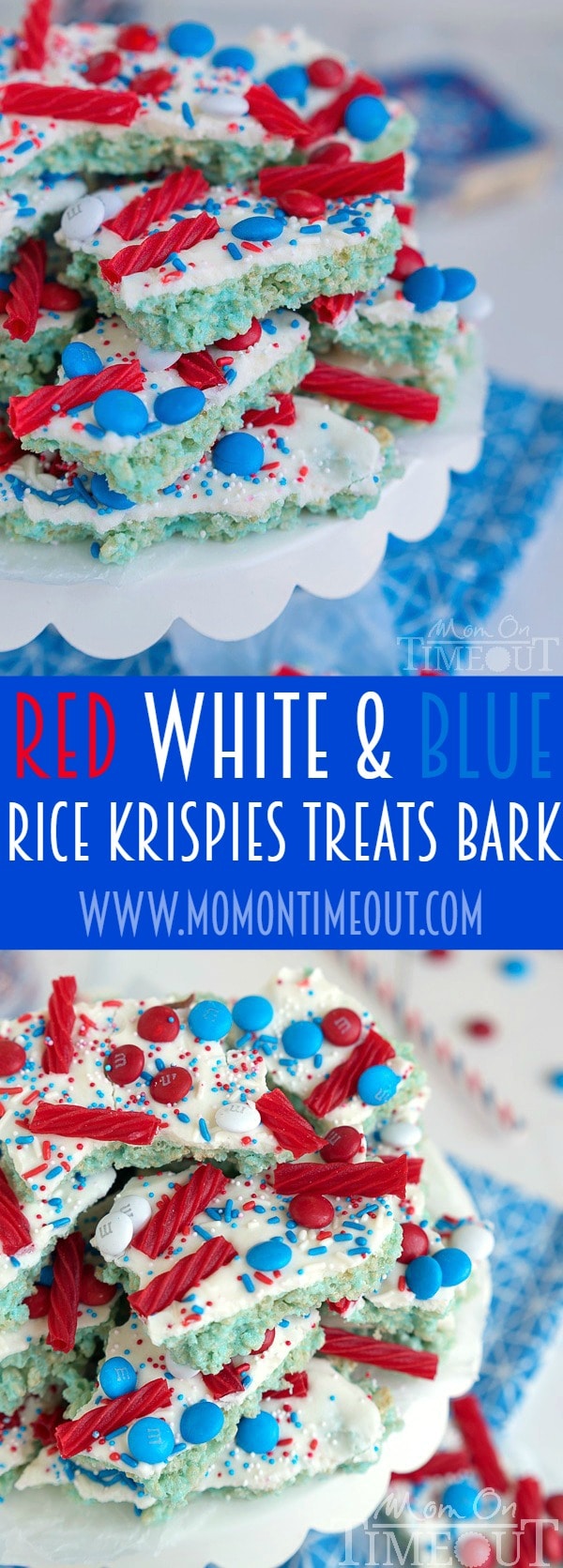 These sweet treats are sure to satisfy everyone! Colorful and festive, this Red White and Blue Rice Krispies Treats Bark is the perfect no-bake treat to celebrate with! | MomOnTimeout.com | #4thofjuly #laborday #memorialday