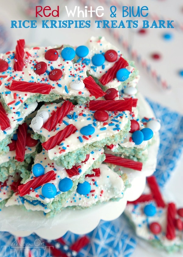 These sweet treats are sure to satisfy everyone! Colorful and festive, this Red White and Blue Rice Krispies Treats Bark is the perfect no-bake treat to celebrate with! | MomOnTimeout.com | #4thofjuly #laborday #memorialday